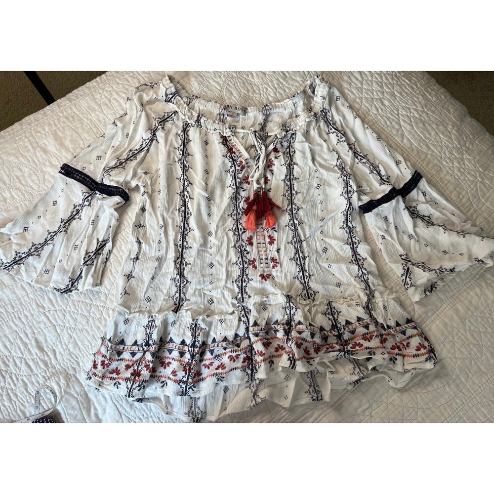 Knox Rose Womens White Embroidered Tassel Peasant Top Bell Sleeve Large